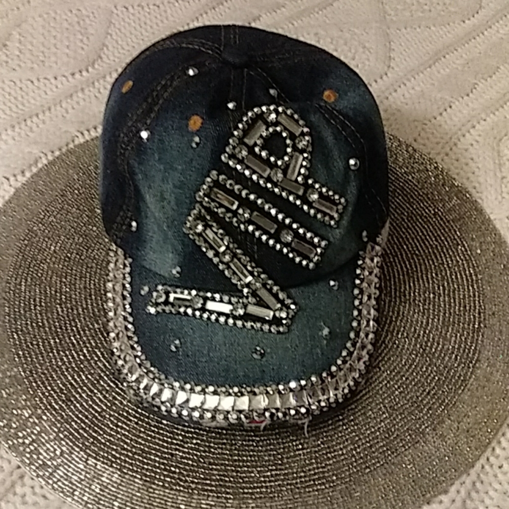 Vintage denim/ rhine stone burning man hat